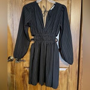 A Hint of Blush Black Long-Sleeve Deep  V-Neck Cutout Smocked Waist Dress size L